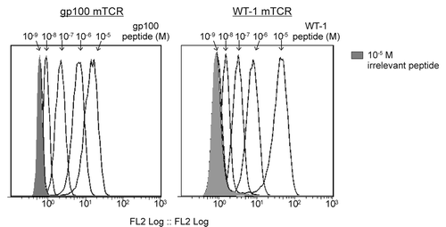 Figure 1. Flow cytometry-based detection of epitope-bound monoclonal TCRs on peptide-pulsed T2 cells. T2 cells were pulsed with the indicated HLA-A2-restricted peptides in concentrations ranging from 10−5 to 10−9 M. Epitope presentation was detected using a high-affinity biotinylated monoclonal T-cell receptor (mTCR) specific for gp100 (left panel) or Wilms’ tumor 1 (WT1, right panel) and flow cytometry, upon staining with phycoerythrin (PE)-conjugated streptavidin. A control measurement was made using T2 cell pulsed with 10−5 M of an irrelevant peptide (shaded gray).