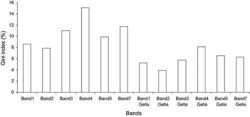 Figure 2. Variable importance contributions of different bands in terms of percent mean reduction in Gini index of the random forest Getis classifier with 11 × 11 pixels moving window.