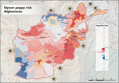 Figure 4. Risk map integrating environmental suitability and socio-economic vulnerability. Eight regions are highlighted for a detailed inspection (see Figure 5).