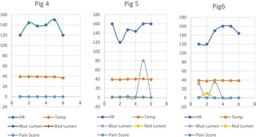 Figure 7 Vital signs and daily monitoring variables recorded for pigs 4–6. HR: heart rate; Temp: temperature.