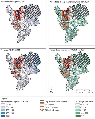 Figure 5. Relative unemployment and permanent sickness or disabled ratio (PSDR) in the East Midlands in 2011, by lower super output area (LSOA), and percentage change in unemployment and PSDR from 1971.Data sources: Norman (Citation2017); Office of Population Censuses and Surveys (Citation1997); Office for National Statistics (Citation2011b). This information is licensed under the terms of the Open Government Licence. Contains National Statistics data © Crown copyright and database right 2022. Contains OS data © Crown copyright [and database right] 2022.