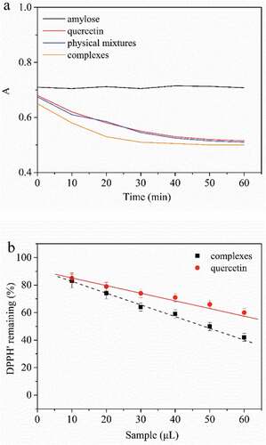 Figure 7. (a) Reaction curves between DPPH• and samples at 25°C. 0.1 ml of each sample was added to 4 ml of DPPH• solution. (b) The scavenging capacity of quercetin and complexes toward DPPH• at 25°C