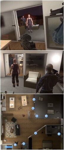 Figure 2. AAR perspectives: police officer perspective (top), suspect perspective (middle), bird’s eye view (bottom).