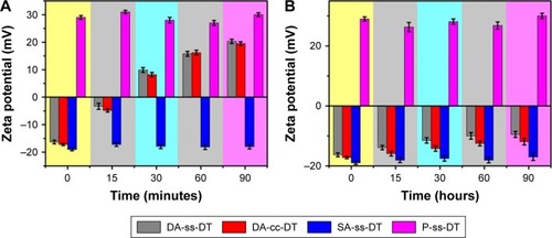 Figure 3 Zeta potential of DA-ss-DT, DA-cc-DT, SA-ss-DT, and P-ss-DT at pH 6.5 (A) and 7.4 (B) at different incubation times (mean±SD, n=3).