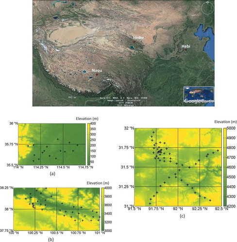 Figure 1. Geographic locations of the Hebi, Naqu and Heihe sites, the layout of the soil moisture (SM) sensor network and the elevation map within each site. (a) SM sensor network in the Hebi site; (b) SM sensor network in the Heihe site; (c) SM sensor network in the Naqu site