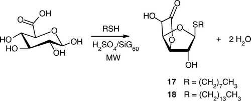 Scheme 3.  Microwave-mediated functionalization of glucuronic acid by alkyl thiols (RSH).