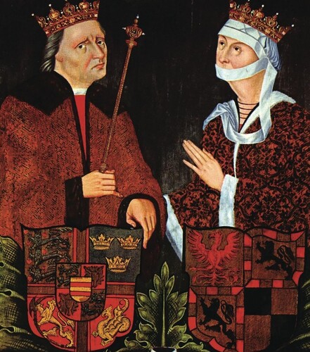 Figure 23. The parents of King Hans, Christian I, and Queen Dorothea with their coats of arms. Christian was a Nordic statesman and a European ruler who like many of his contemporaries realised the importance of possessing a powerful fleet of these new ships. The Nordic Union was still formally valid and the fields on his shield show the Danish ‘leopard lions’, the Norwegian lion with an axe, the Swedish three crowns and a Wendish linden snake. In the middle the yellow-red Oldenburg family coat of arms. Queen Dorothea was also very politically active. After her husband's death in 1481, she governed the country alongside her son John (Hans). She had meetings with the Pope and in 1486 had several new ships built for the navy. ‘King Christian and Queen Dorothea’ end of fifteenth century. Original in the Museum of National History, Hillerød, Denmark (public domain).