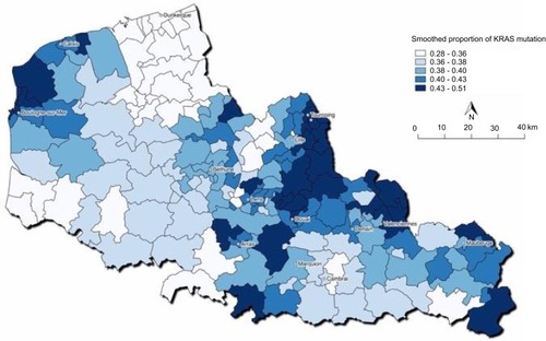 Figure 2 Spatial distribution of smoothed proportions of KRAS mutations in northern France, 2008–2014.