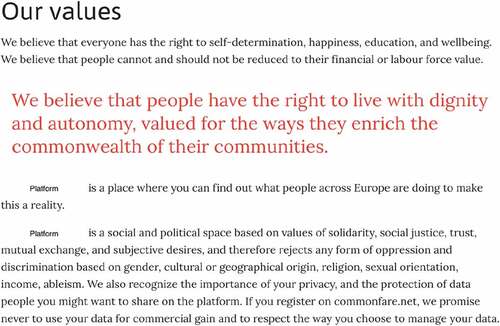 Figure 4. ‘Our values’ as presented on commonfare.net.