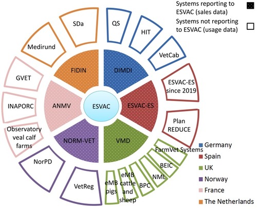 Figure 4 Overview on AMU systems in livestock in six European countries. Inner ring systems (dotted sections) report AMU data to ESVAC while outer ring systems not. For details on the systems and their relationship, see the body of the text.