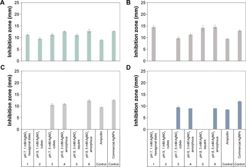 Figure 7 Antimicrobial activity and shape of the extracellularly biosynthesized AgNPs (A) Escherichia coli, (B) Pseudomonas aeruginosa, (C) Staphylococcus aureus, and (D) Candida albicans compared with an antibiotic solution and a commercial nanoparticle solution.Abbreviation: AgNPs, silver nanoparticles.