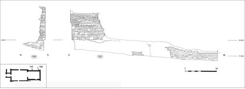 Fig. 8. St Pancras Chapel, north wall and north-east buttress (stipple indicates plaster base/render).