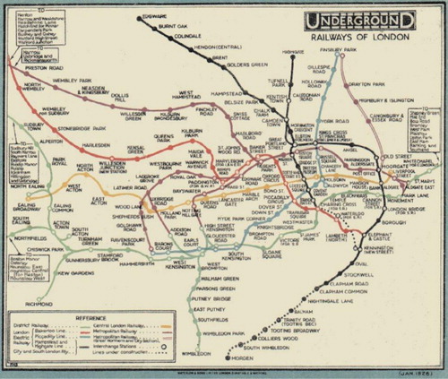 Figure 3. 1926 London Underground map by F.H. Stingemore. Used prior to Beck's representation.Source: http://homepage.ntlworld.com/clive.billson/tubemaps/1926.html.Image in the public domain (a UK artistic work other than a photograph, which was made available to the public more than 70 years ago).