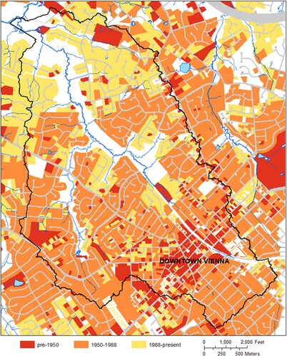 Figure 3. Map of parcel development over time in the study area. The black line represents the boundary of the Piney Branch watershed.