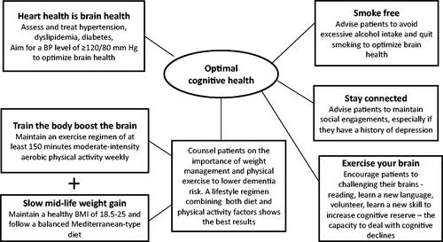 Figure 3. Patient tips to optimize brain health based on modifiable risk factors for dementia. From modifiable risk factors for dementia prevention from the World Health Organization (WHO) 2019 guidelines and the 2020 Lancet Commission [Citation56,Citation57]. BMI, body mass index; BP, blood pressure.
