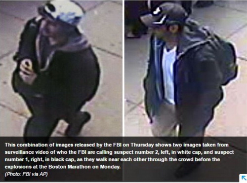 Figure 3. FBI released images of the Boston bombing suspects (Johnson, Leger, & Strauss, Citation2013).