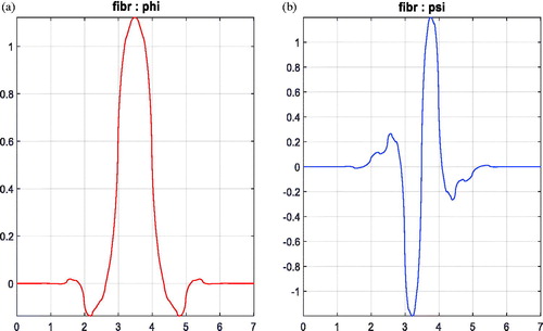 Figure 4. The result of wavelet design (fibr wavelet). From the left to right: (a) The scaling function diagram (b) The wavelet function diagram.