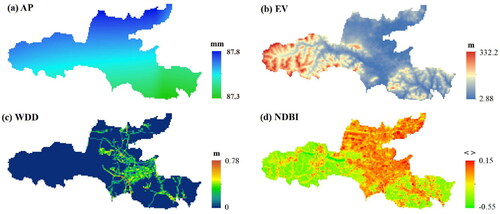 Figure 5. Four conditioning factors used in this study: (a) average of annual maximum daily precipitation (AP); (b) average elevation value (EV); (c) pipe diameter weighted drainage density (WDD); (d) normalized differential built-up index (NDBI).
