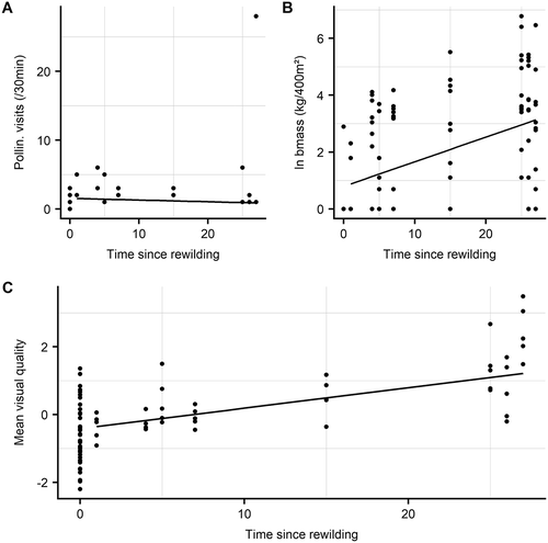 Figure 2. Outputs of linear models describing: A: Predicted pollinator visits as a function of time since rewilding (rewilding was an insignificant predictor of pollination visitation). B: Predicted log aboveground woody biomass as a function of time since rewilding, with all other model variables held at their mean values. C: Predicted photo mean visual quality as a function of time since rewilding, with all other model variables held at their mean values.