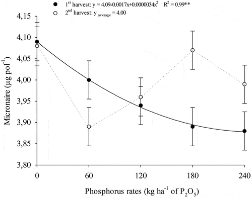 Figure 8. Micronaire of naturally colored cotton as a function of P rates in agricultural harvests.