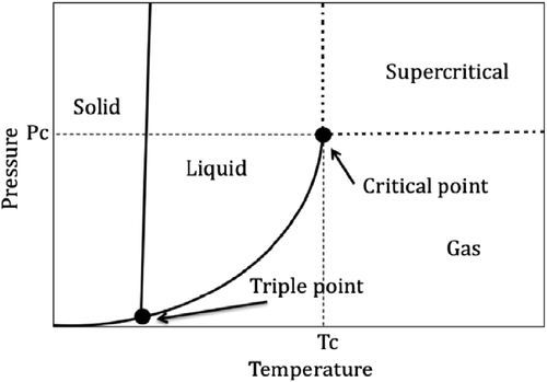 Figure 3 P–T phase diagram of a typical compressible fluid. T c, critical temperature; P c, critical pressure.