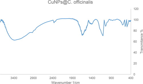 Figure 3. FT-IR spectra of CuNPs@C. officinalis.