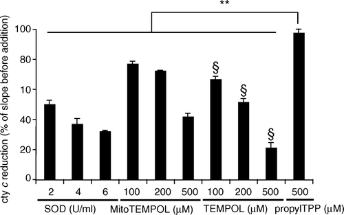 Figure 2.  Superoxide dismutase activity of MitoTEMPOL. Superoxide was produced by mixing 20 mU xanthine oxidase with 10 mm acetaldehyde in 50 mm potassium phosphate buffer (pH 8) supplemented with 500 µg/ml ferricytochrome c at 37°C. The rate of cytochrome c reduction was followed at 550 nm for 60 s after which the appropriate amount of SOD, MitoTEMPOL, TEMPOL or propylTPP was added and the rate was followed for another 60 s. The slope of the cytochrome c reduction progress curve was measured after each addition and is expressed as a percentage of the slope before the addition. Results are means±SD of three measurements. ** p<0.01; § p<0.05 with respect to the same concentration of MitoTEMPOL.