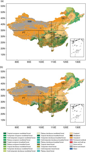 Fig. 1 Distributions of land cover and land use types in China in (a) the late 1980s and (b) the mid-2000s. The regions of China examined in this study are also shown, including northeastern (NE, 35.00°–53.00°N, 108.75°–136.25°E), southeastern (SE, 17.00°–35.00°N, 108.75°–123.75°E), northwestern (NW, 35.00°–49.00°N, 73.75°–108.75°E), southwestern (SW, 21.00°–35.00°N, 96.25°–108.75°E), and plateau (PT, 27.00°–35.00°N, 76.25°–96.25°E) regions.