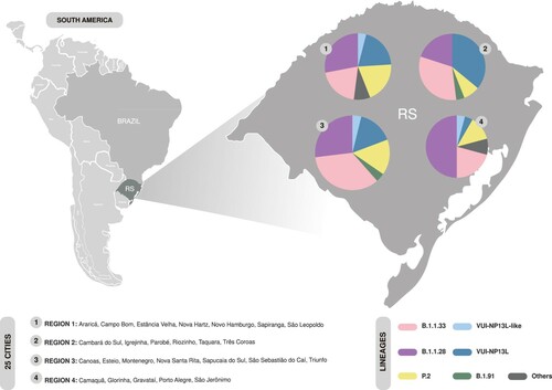 Figure 4. Spatial distribution of the SARS-CoV-2 lineages between 7 October and 30 November 2020 (epidemiological weeks 41–49) in four regions of RS. The pie charts represent lineage composition among the different RS regions. The diameter of each pie chart is proportional to the number of sequences belonging to each sampled region.