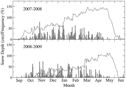 FIGURE 4 Temporal evolution of the observed daily mean snow depth and of the simulated daily frequency of blowing snow occurrence (bars) at the upper Castle Creek Glacier site during the winters of 2007–2008 and 2008–2009.