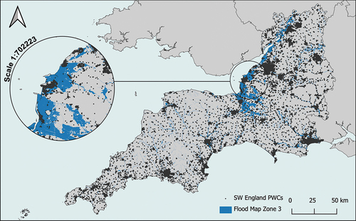 Figure 2. A map showing the location of population (by OA PWC) by flood risk exposure for SW England.