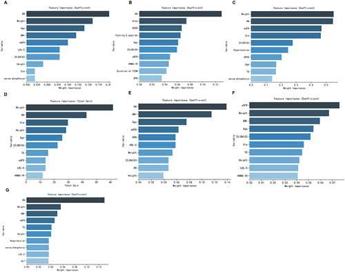 Figure 2 Relative importance ranking of each input variable for prediction of diabetic osteoporosis in the machine learning algorithms. (A) Adaptive Boosting. (B) k-nearest neighbors. (C) Logistic Regression. (D) Extreme Gradient Boosting. (E) Gaussian Naive Bayes. (F) Random Forest. (G) Support vector machine.