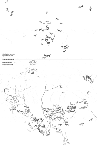 Fig. 11. Two panels at Hjemmeluft, situated ca. 63 metres from each other at the same elevation. The upper contains reindeer, some animals that may be reindeer, a bear and a line. To my knowledge, it has not been considered in any analysis. The lower panel, however, is far more diverse regarding motifs, full of action and is frequently referred to in interpretations. (Tracing and illustration: K. Tansem).