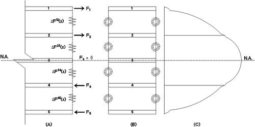 Figure 6. Shear force distribution on 5-layers sandwich panel (a) side view, (b) plate-section, (c) typical shear force diagram.