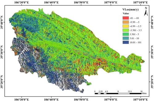 Figure 8. Average annual deformation rate in LOS direction, ranging from −81 to 101 mm/y.