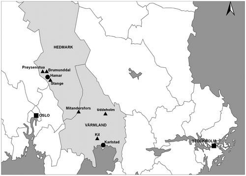 Figure 2. Map of Hedmark (Norway) and Värmland (Sweden). The different workshop venues are marked. Map: Stefan Nilsson.