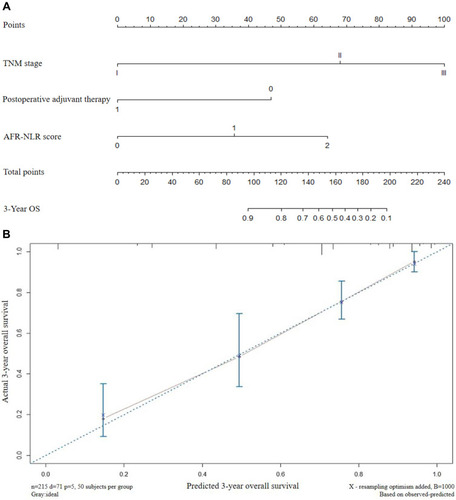 Figure 2 (A) Nomogram for predicting 3-year OS in patients with ESCC after radical resection. The covariates in each nomogram were evaluated, and the scores were assigned. The higher the total score, the higher the likelihood of poor clinical outcomes and the lower the expected survival rate. (B) Bootstrap calibrations of the nomograms. The vertical axis represents the actual survival rate, the horizontal axis represents the model predicted survival rate, and the 45° diagonal represents a perfect match.