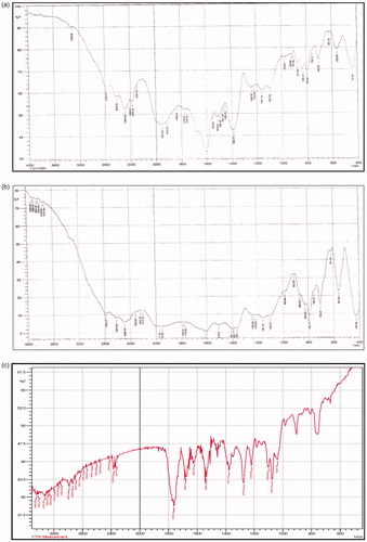 Figure 1. (a) FTIR spectrum of Cefpodoxime Proxetil; (b) FTIR spectrum of drug–excipients mixture; (c) FTIR spectrum of excipients mixture.