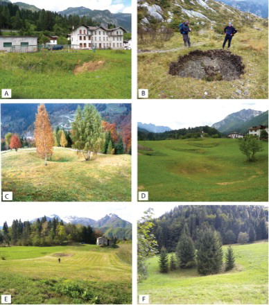 Figure 4. Different types of sinkholes involving cover materials. (A) Cover collapse sinkhole (Forni di Sotto); (B) Cover collapse sinkhole near Paluzza Village, courtesy of Michele Potleca); (C) Cover collapse sinkhole (Ligosullo Village, courtesy of Michela Dini); (D) Socchieve, Cover suffusion sinkhole (Forni di Sotto Village); (E) cover suffusion sinkhole near Viaso Village; (F) cover collapse sinkhole near Ligosullo Village.