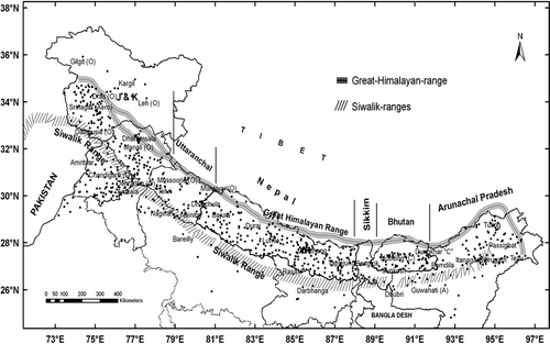 Fig. 3 Map of the Himalayan region showing different sections and present network of rainfall stations.