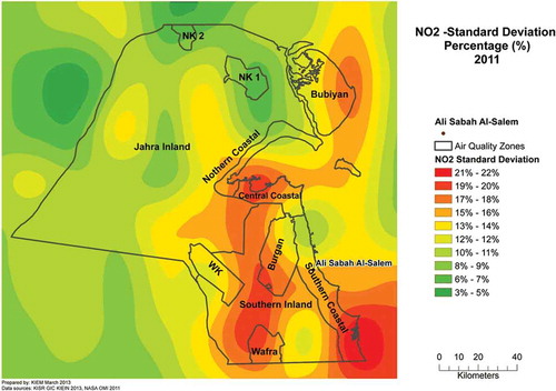 Figure 15. Annual standard deviation of NO2 concentration as percentage of annual concentration in Kuwait for 2011.