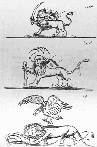 Figure 2. The cartoon on the left depicts the past, present and future of Iran. Iran is transformed from its symbol as the lion and the sun, to a cleric, and lastly into a dying lion being attacked by a vulture. See: Nameh-ye Farangestan 7–8 (November/December 1924).