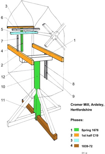 Figure 15. Scientifically dated timbers at Cromer Windmill, Ardeley, Hertfordshire. Sampled timbers are numbered. Based on an original drawing by Robin Webb