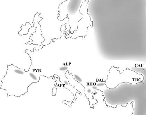Figure 2. Samples location superimposed to the distribution ofUrsus arctos in Europe. ALP: Alps; APP: Apennines; BAL: Balkans; CAU: Caucasus; PYR: Pyrenees; RHO: Rhodopi, Rila, and Pyrin Mts; TRC: Transcaucasus; U.s.: Ursus spelaeus from Grotta degli Equi (Tuscany, Italy). See Table II for details.