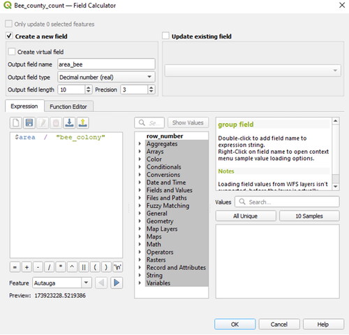 Figure 74. Calculate with attributes and geometrical statistics in the Field calculator.