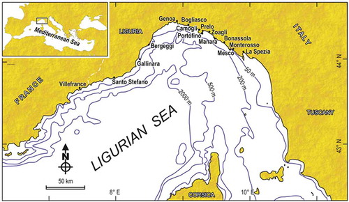 Figure 1. Geographical setting of the Ligurian Sea, with its position within the Mediterranean (inset). Localities cited in the text are indicated.