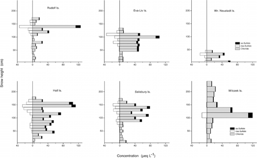 FIGURE 4. Vertical concentration profiles of chloride, ss-sulfate, and nss-sulfate in the snow cover at six islands of Franz Josef Land, July 1995