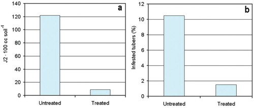 Figure 1. Effect of treatments with P. chlamydosporia on the densities of M. incognita in soil (a) and percent of damaged tubers at harvest (b).