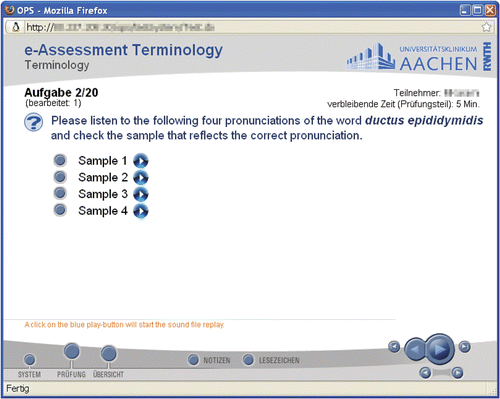 Figure 1. The screenshot shows the typical OES question layout, here with an example of a voice output question. Each click on one of the blue play buttons will start the sound file replay in the student's headset. This can be repeated at will. In the example shown here, the choice made can be undone and changed at will, and the question can be revisited as often as needed. The upper area of the screen gives some information on the test status and the remaining time, and the bottom area provides buttons for navigation and user interaction with the system. Since the main target group of the OES are German speaking students, the interaction buttons with the system are in German. Personal data have been rendered unrecognizable.