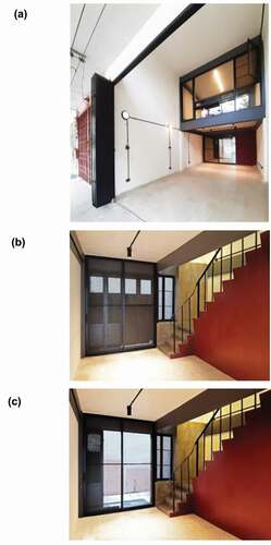 Figure 11. The (A) front view showing the open front door on the ground floor, and (B, C) the interior view showing the open and closed rear door